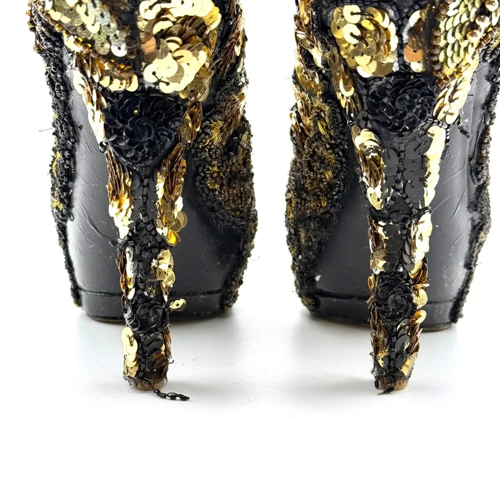 Ivanka Ska Sequin Beaded Platform Pumps Gold Black Zebra Print Heel 5.5 In 8/8.5